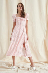 Pink Floral Puff Sleeve Maxi Dress